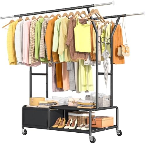 Clothes rack, 2 rods, storage basket, black