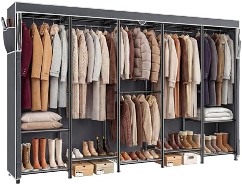 Clothes rack with cover, 1200 lbs, 6 rods, 12 shelves, black