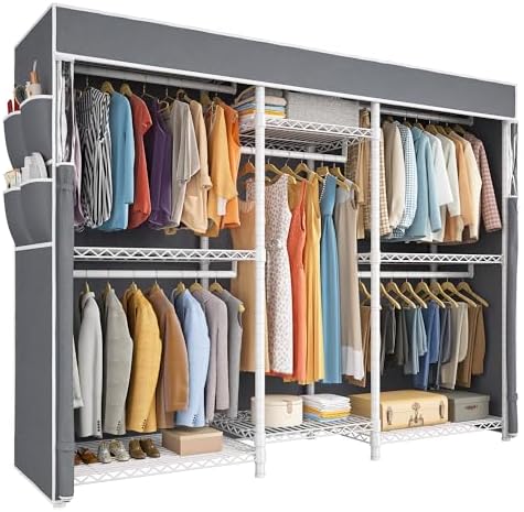 Clothes rack with cover, 900 lbs, 5 rods, 8 shelves, white