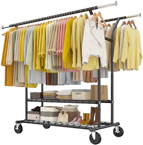 Expandable clothes rack, 630 lbs, 2 rods, black