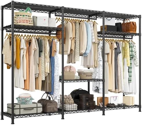 Freestanding closet system, 3 rods, 9 shelves, black