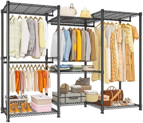 Freestanding closet system, 4 rods, 7 shelves, black