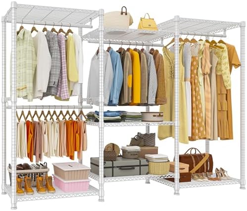 Freestanding closet system, 4 rods, 7 shelves, white