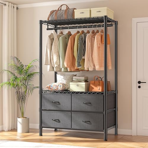 Freestanding closet system, 4 shelves, 4 drawers, black