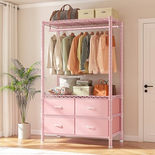 Freestanding closet system, 4 shelves, 4 drawers, pink