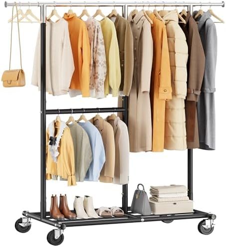 Rolling clothes rack, 450 lbs, 2 rods, black