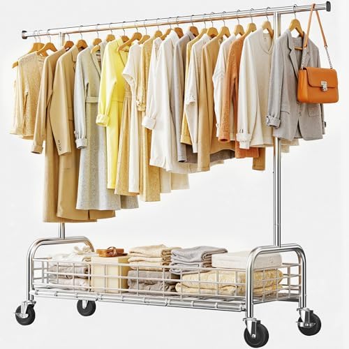 Rolling clothes rack, 485 lbs, storage basket, chrome