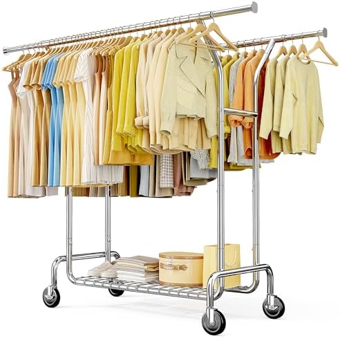 Rolling clothes rack, 630 lbs, 2 rods, 74" wide, chrome