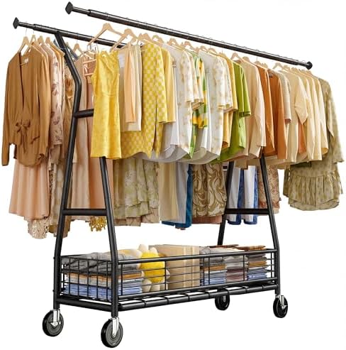 Rolling clothes rack, 630 lbs, 2 rods, storage basket, 65" wide, black