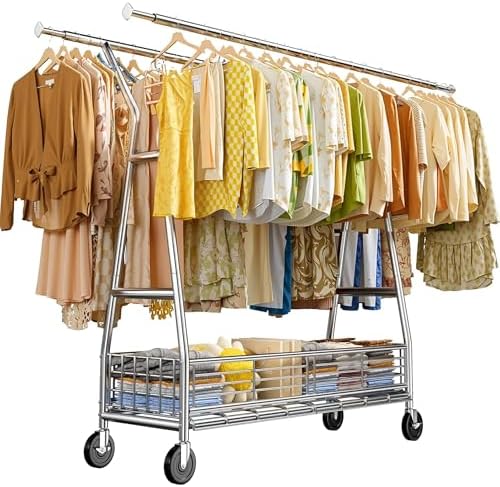 Rolling clothes rack, 630 lbs, 2 rods, storage basket, 65" wide, chrome