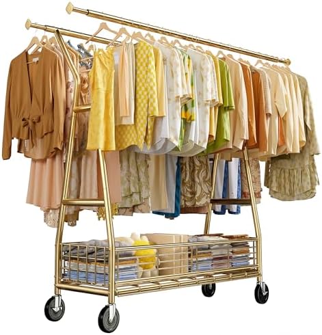 Rolling clothes rack, 630 lbs, 2 rods, storage basket, 65" wide, gold