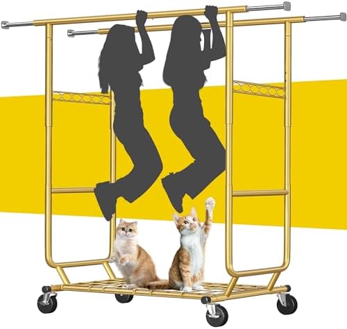 Rolling clothes rack, 650 lbs, 2 rods, gold