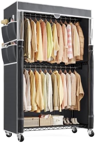 Rolling clothes rack with cover, 2 rods, 2 shelves, black