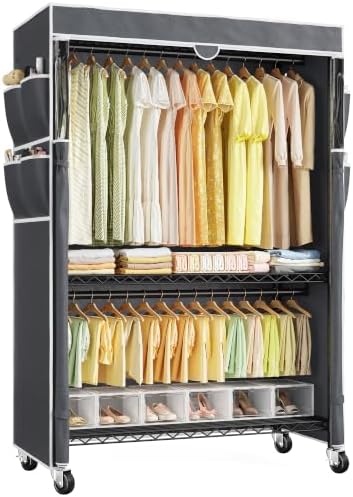 Rolling clothes rack with cover, 2 rods, 2 shelves, black