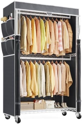 Rolling clothes rack with cover, 2 rods, 2 shelves, white