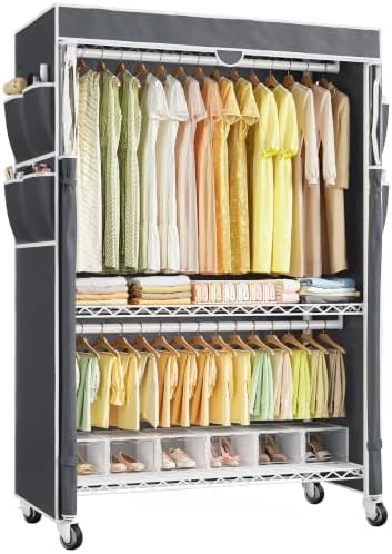 Rolling clothes rack with cover, 2 rods, 2 shelves, white