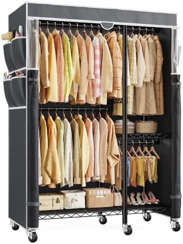 Rolling clothes rack with cover, 4 hanging zones, black
