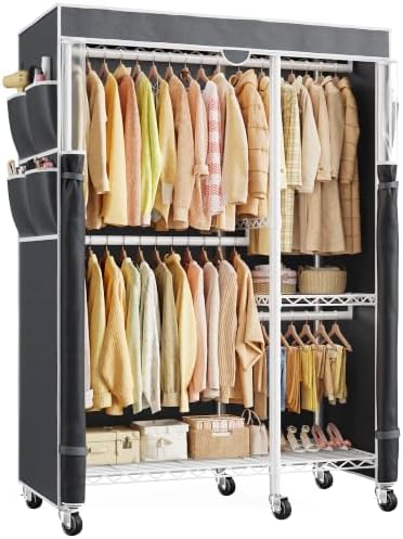 Rolling clothes rack with cover, 4 hanging zones, white