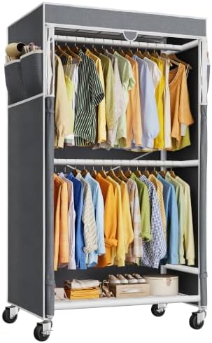 Rolling clothes rack with cover, 35.4" wide, white