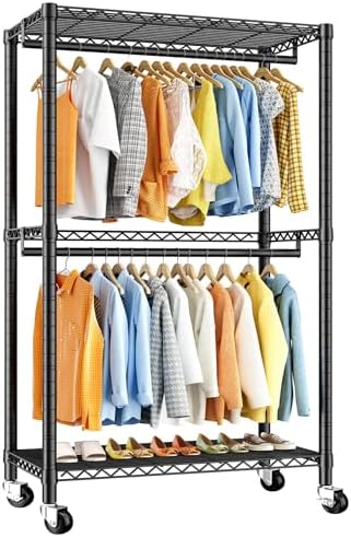 Rolling portable closet, 2 shelves, black