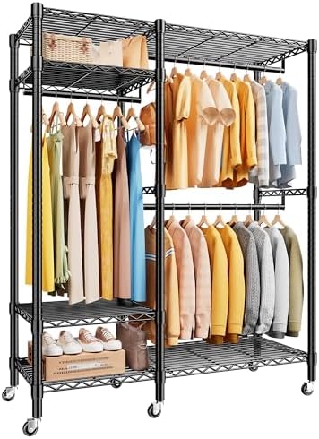 Rolling portable closet, 780 lbs, 3 rods, 4 shelves, black