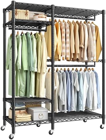 Rolling portable closet, 780 lbs, 3 rods, 6 shelves, black